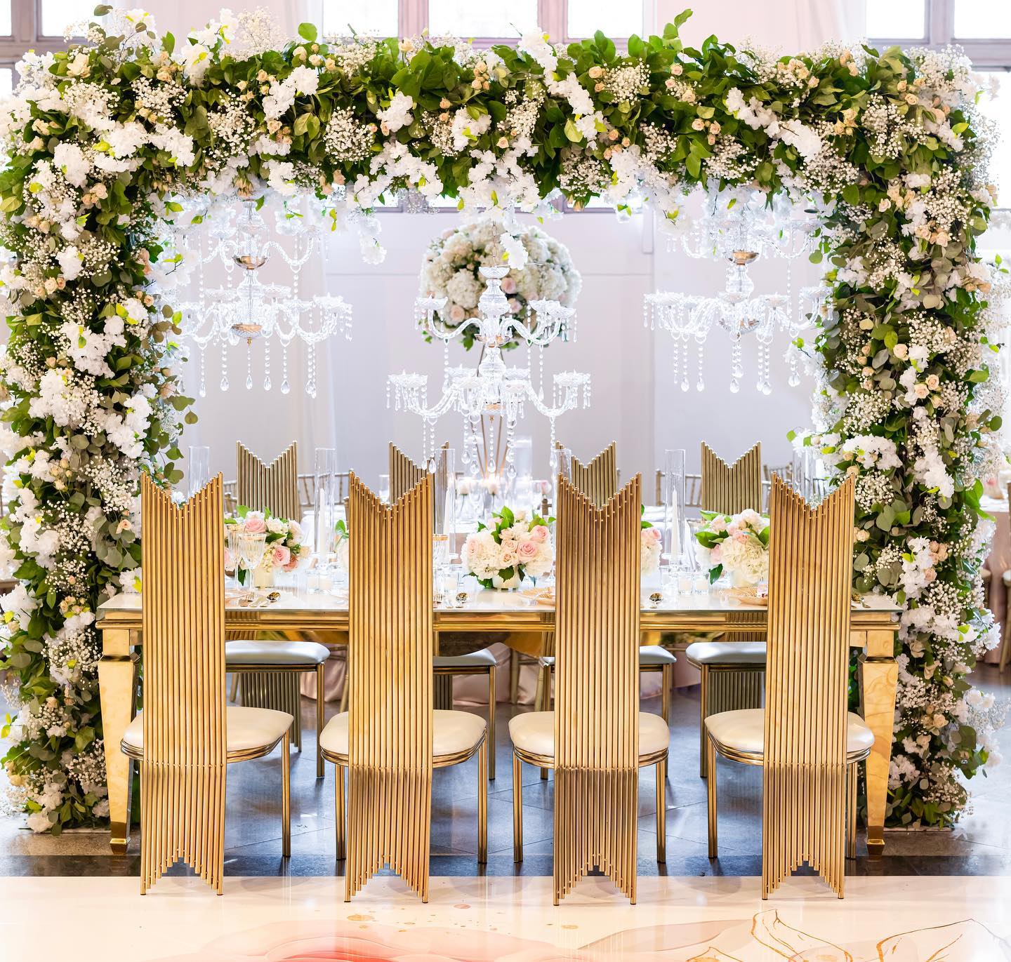 High-Back Golden Stainless Steel Chairs in Banquets