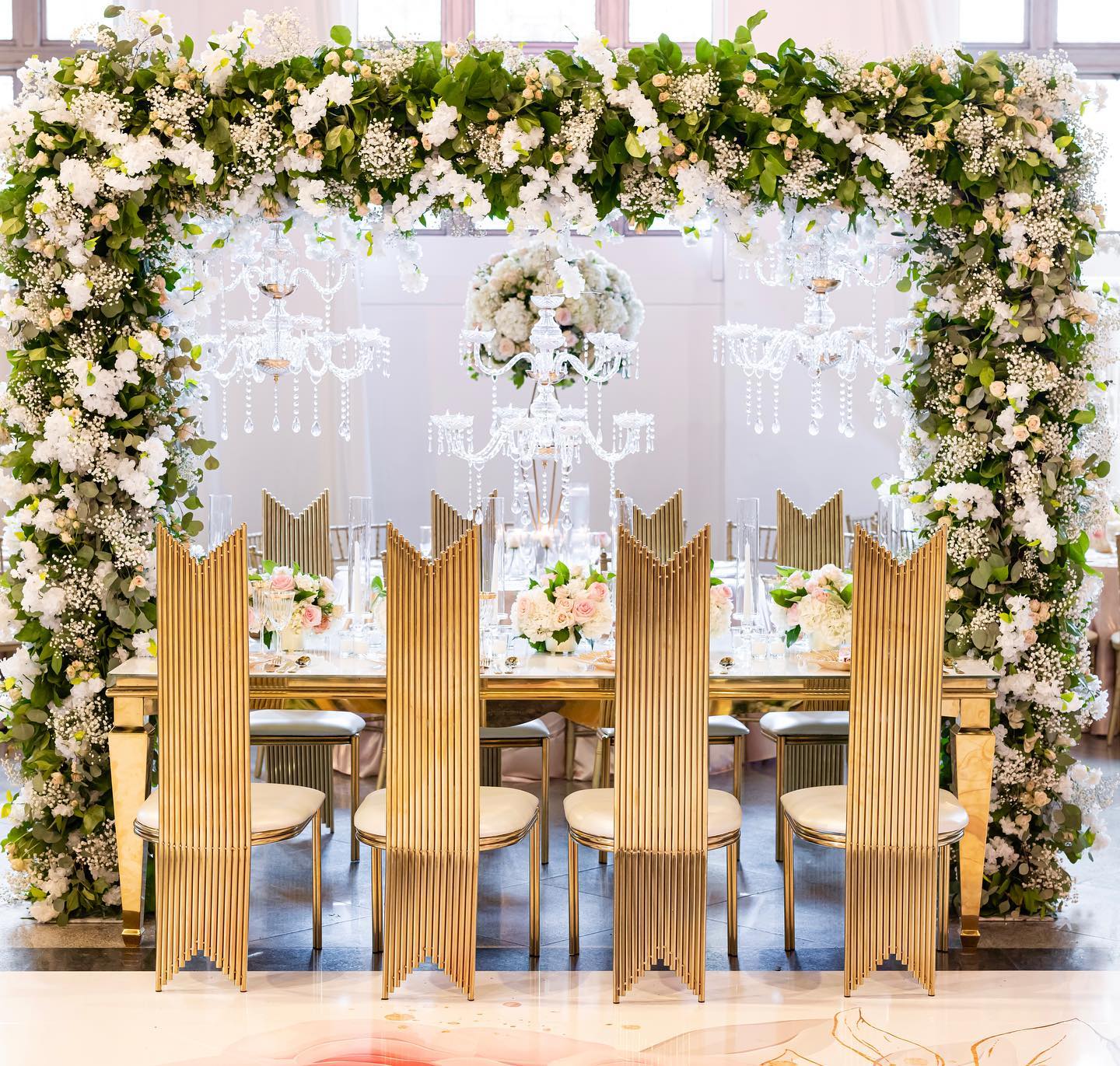 High-Back Golden Stainless Steel Chairs in Banquets